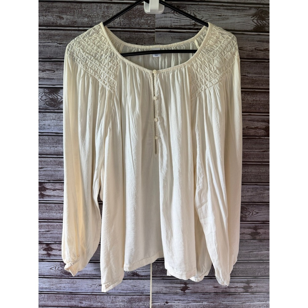 Old Navy Womens XXL Cream Smocked Shoulder Long Sleeve Peasant Blouse Boho Top